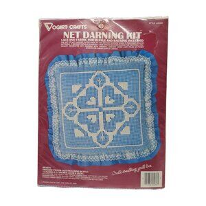 Vtg Vogart Crafts Net Darning Kit 14" Lace Ruffle Pillow 25260 Country Blue